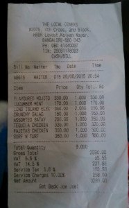 indian restaurant bill with VAT, ST and SC
